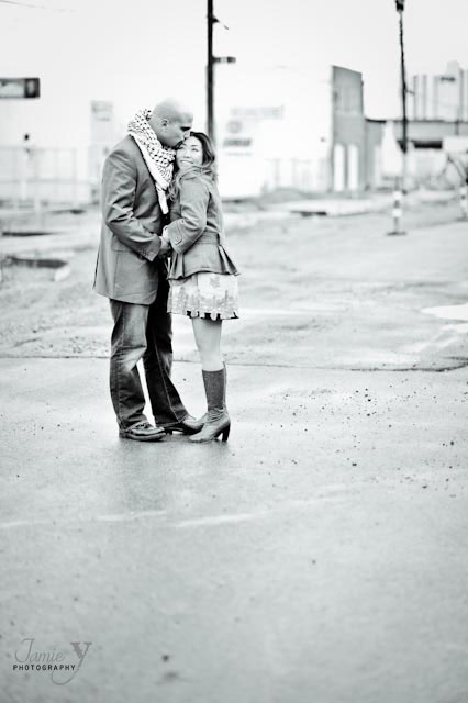black and white image of a couple during an engagement shoot in downtown las vegas