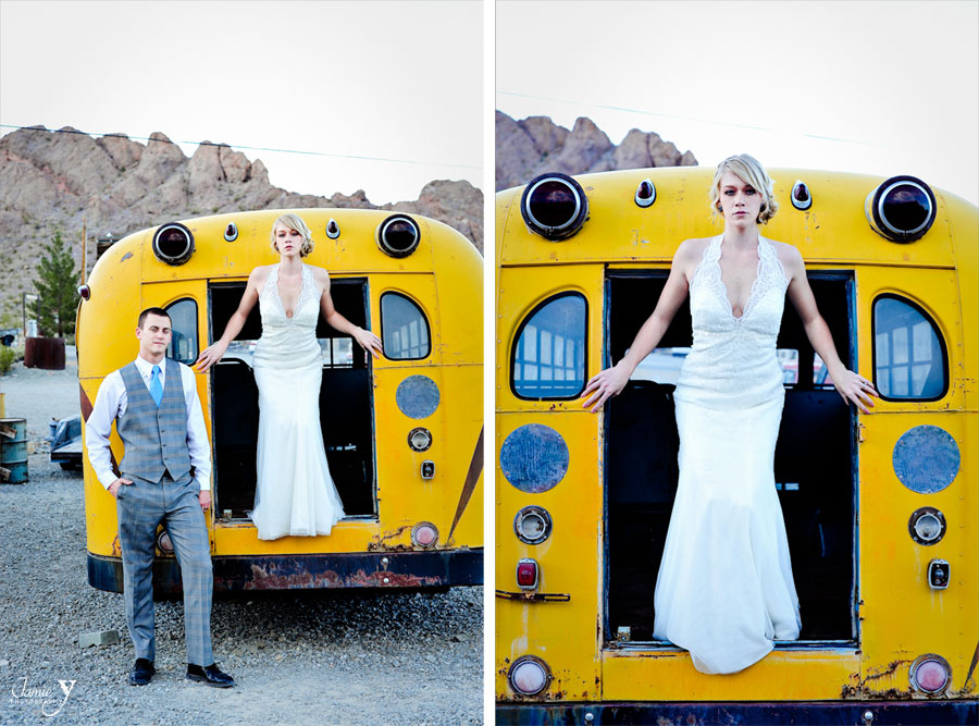 bride and groom in back of cool old school bus at the ghost town in nelson las vegas