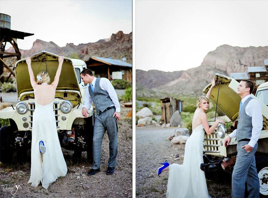 photograph of bride looking in old vintage car while husband stares off