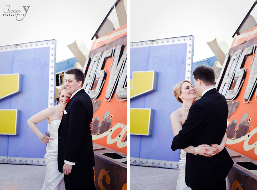 Las Vegas Wedding photography with neon signs behind bride and groom