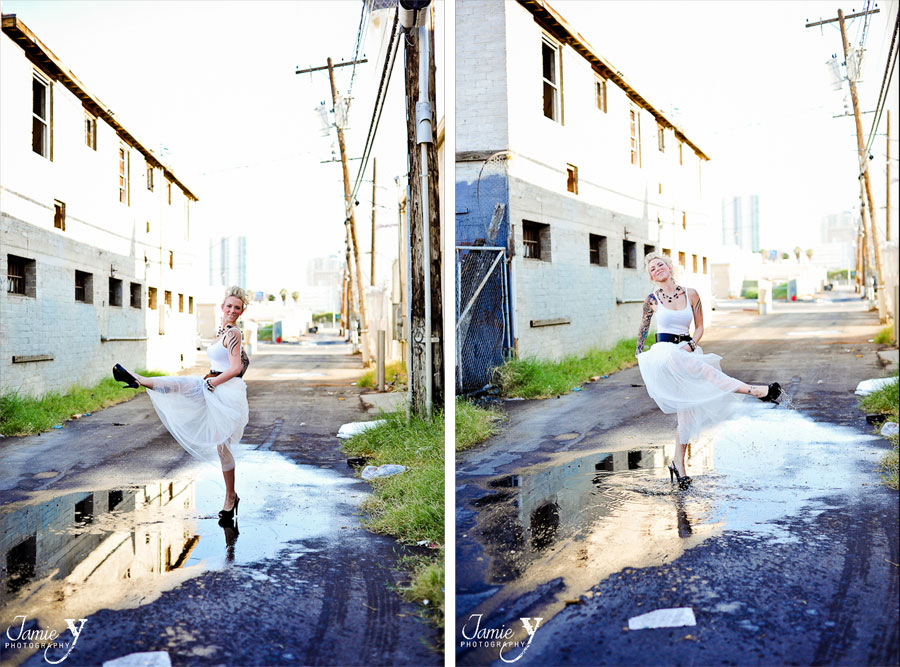 punk rock bride playing in puddle las vegas photographer