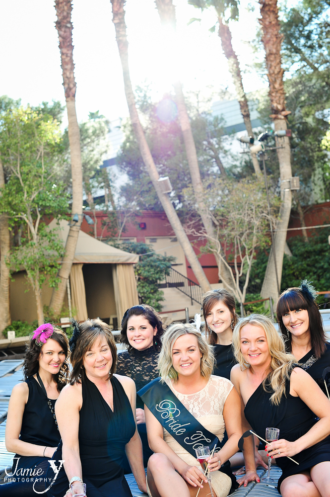 bachelorette party photography in las vegas out by the pool at treasure island