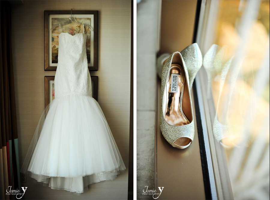 wedding dress and shoes in mandalay bay hotel room in las vegas