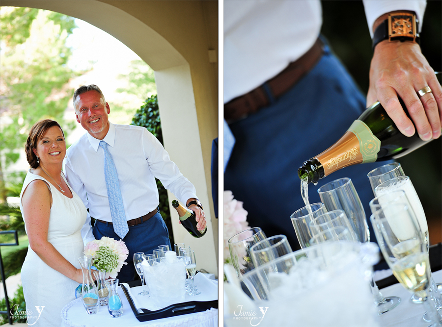 bride and groom preparing a champagne toast at wedding in las vegas