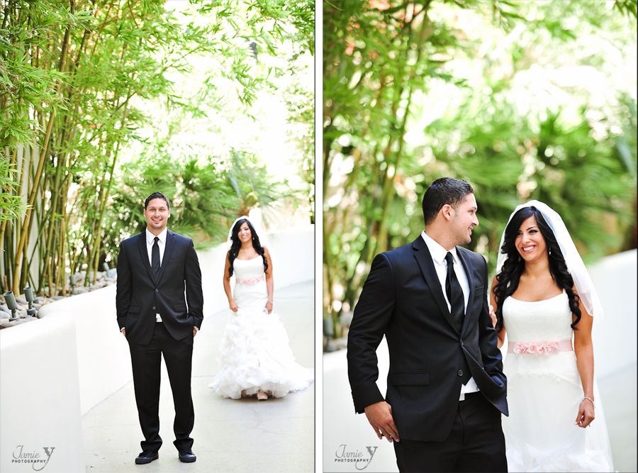 bride and groom first look at mandalay bay for destination las vegas wedding