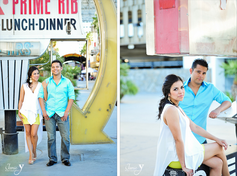 engagement photography with old neon lights in downtown las vegas