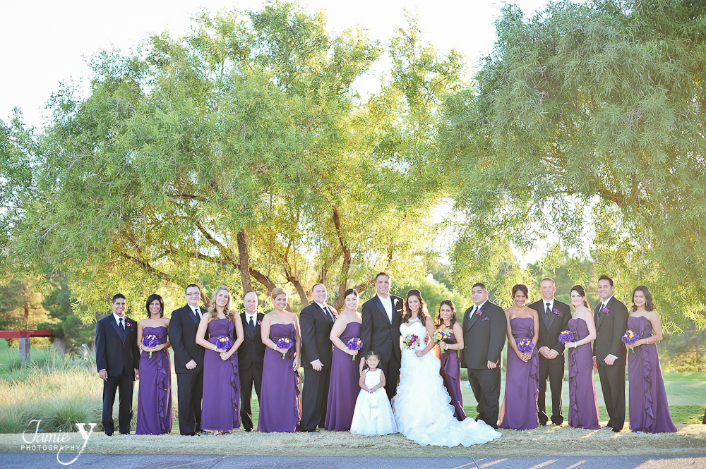 large bridal party portrait with purple details