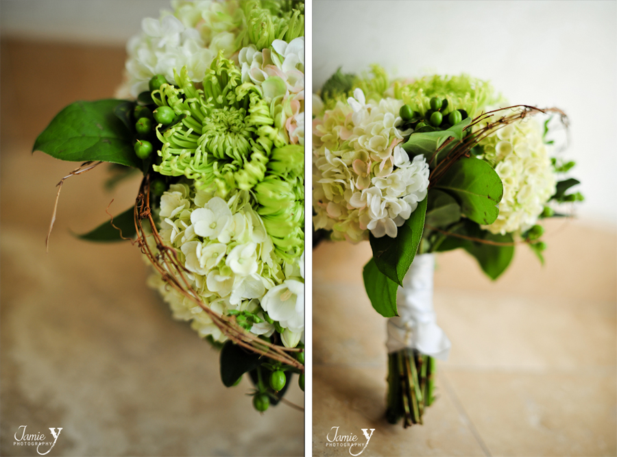 rustic style wedding bouquet with twigs and green and white