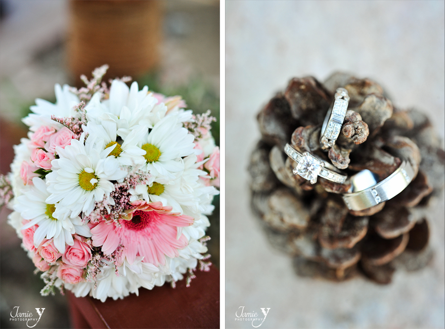 wedding bouquet and rings in pine cone