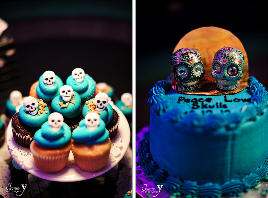 wedding cupcakes and cake with sugar skulls