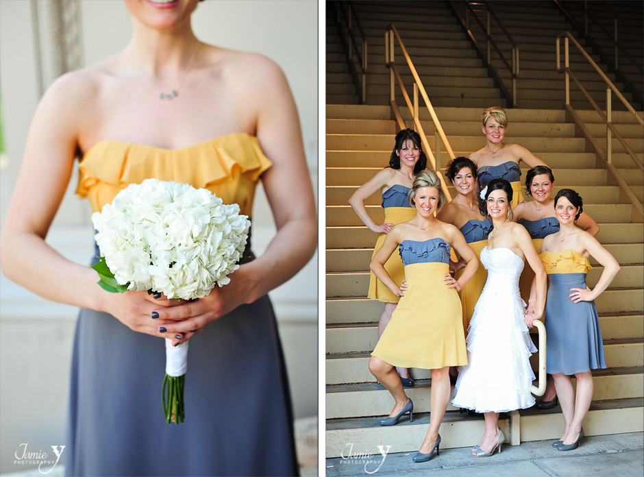 mustard yellow and grey bridesmaids dresses wedding colors