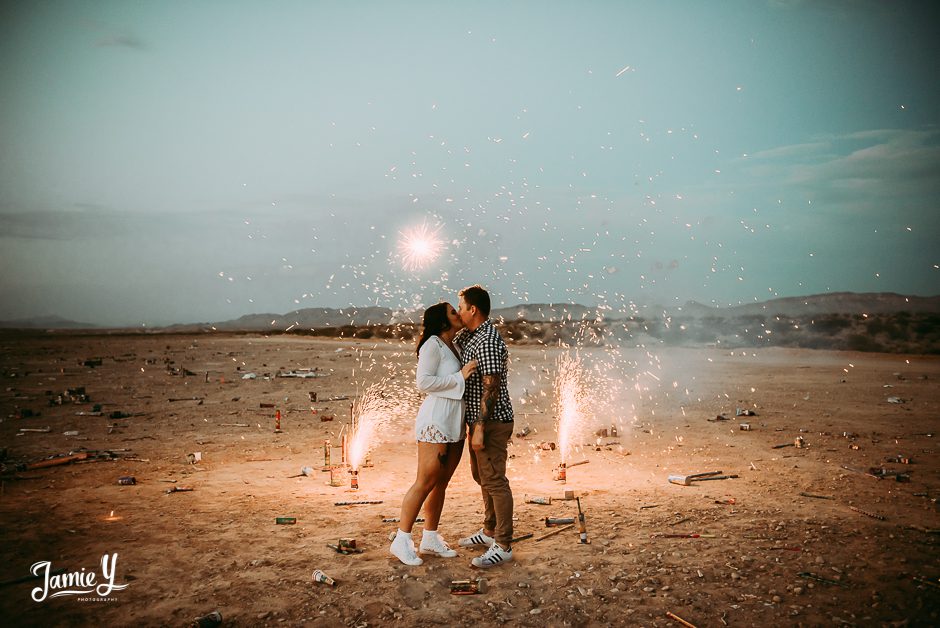 bride and groom with fireworks