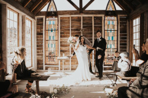 bride and groom inside the chapel at nelson nevada