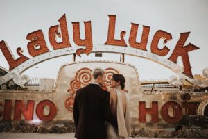 bride and groom at neon museum