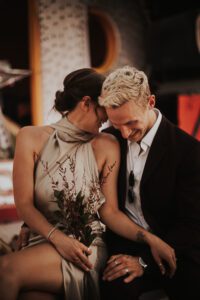 bride and groom at neon museum