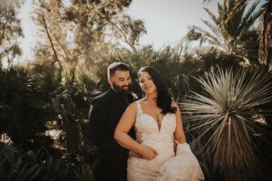 bride and groom portrait at springs preserve las vegas outside in garden