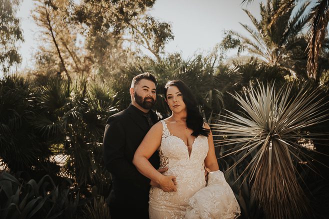 bride and groom portrait at springs preserve las vegas outside in garden