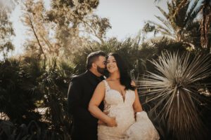 bride and groom portrait at springs preserve las vegas outside in garden