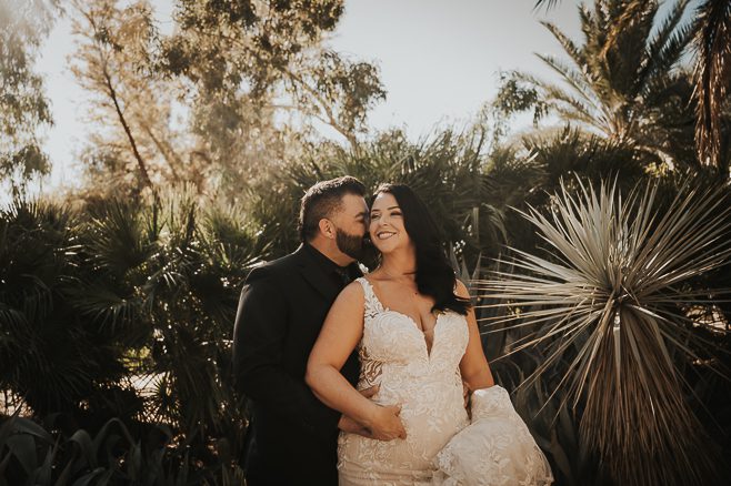 bride and groom portrait at springs preserve las vegas outside in garden