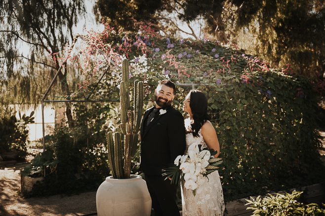 bride and groom portrait at springs preserve las vegas outside in garden