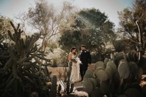 bride and groom portrait at springs preserve las vegas outside in garden