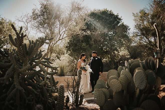bride and groom portrait at springs preserve las vegas outside in garden