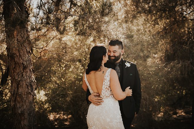 bride and groom portrait at springs preserve las vegas outside in garden