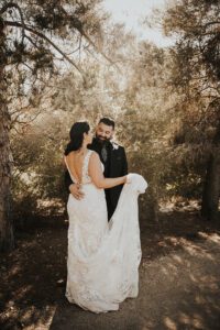 bride and groom portrait at springs preserve las vegas outside in garden
