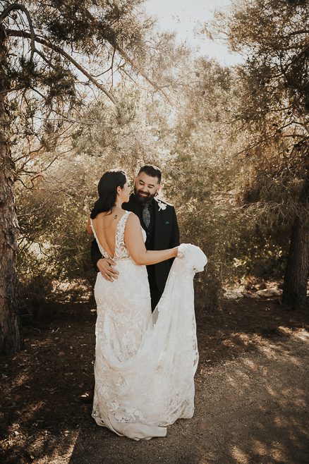 bride and groom portrait at springs preserve las vegas outside in garden