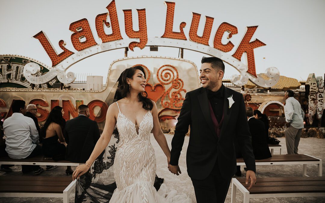 A Neon Museum Wedding with a Black Veil & Downtown Las Vegas Photos | Kat & Xander